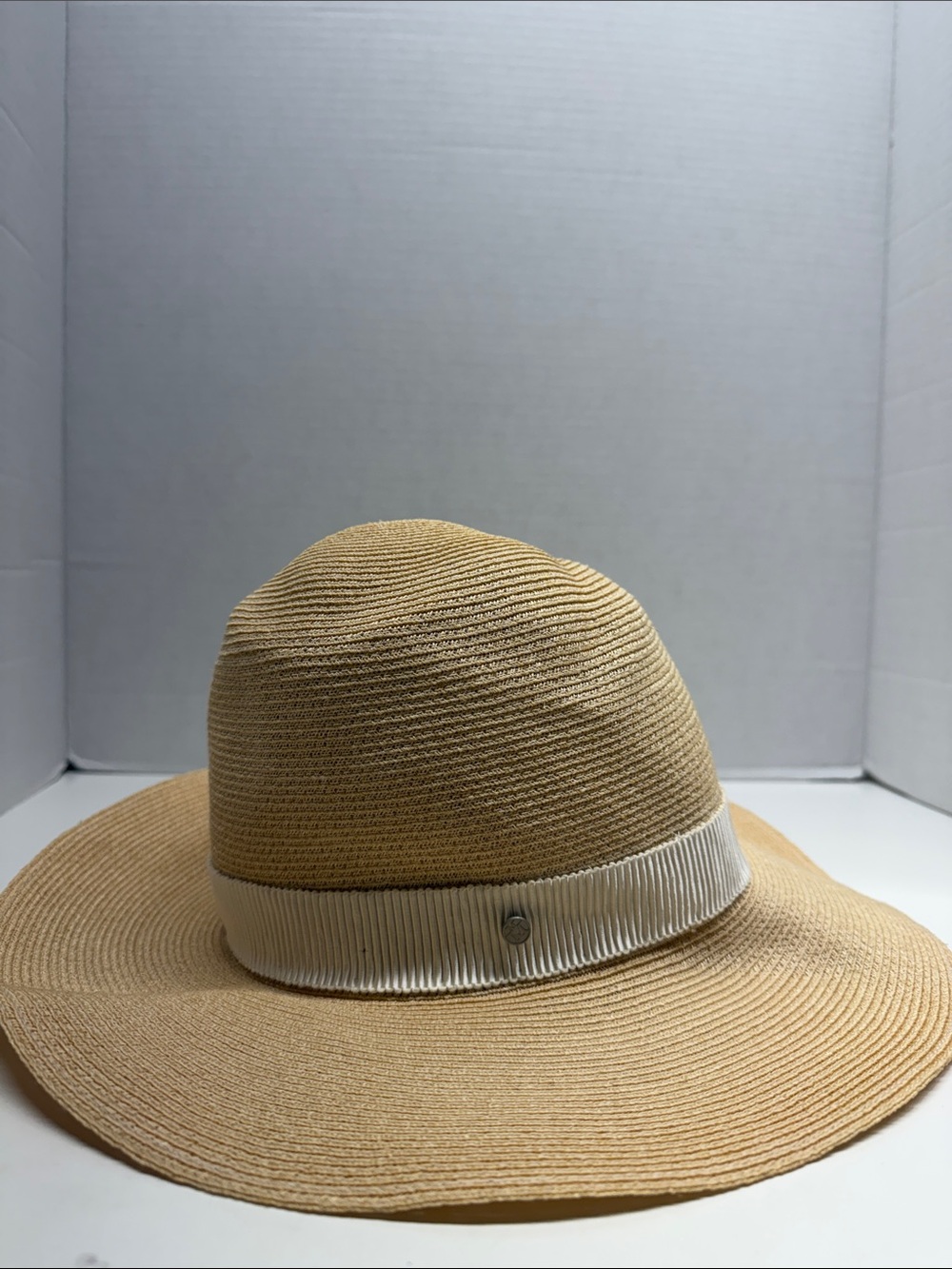 Maison Michel Panama Hat Straw Round Floppy Beige Tan White Ribbon Large